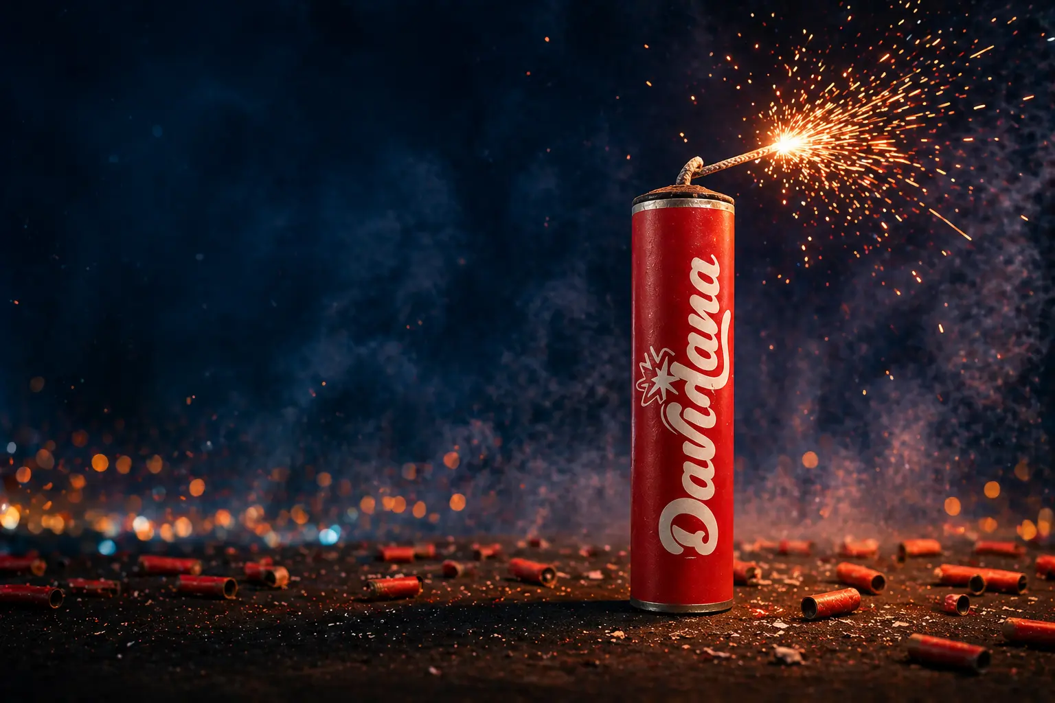 Petardos y fuegos artificiales para San Juan sobre una mesa de noche con chispas y humo