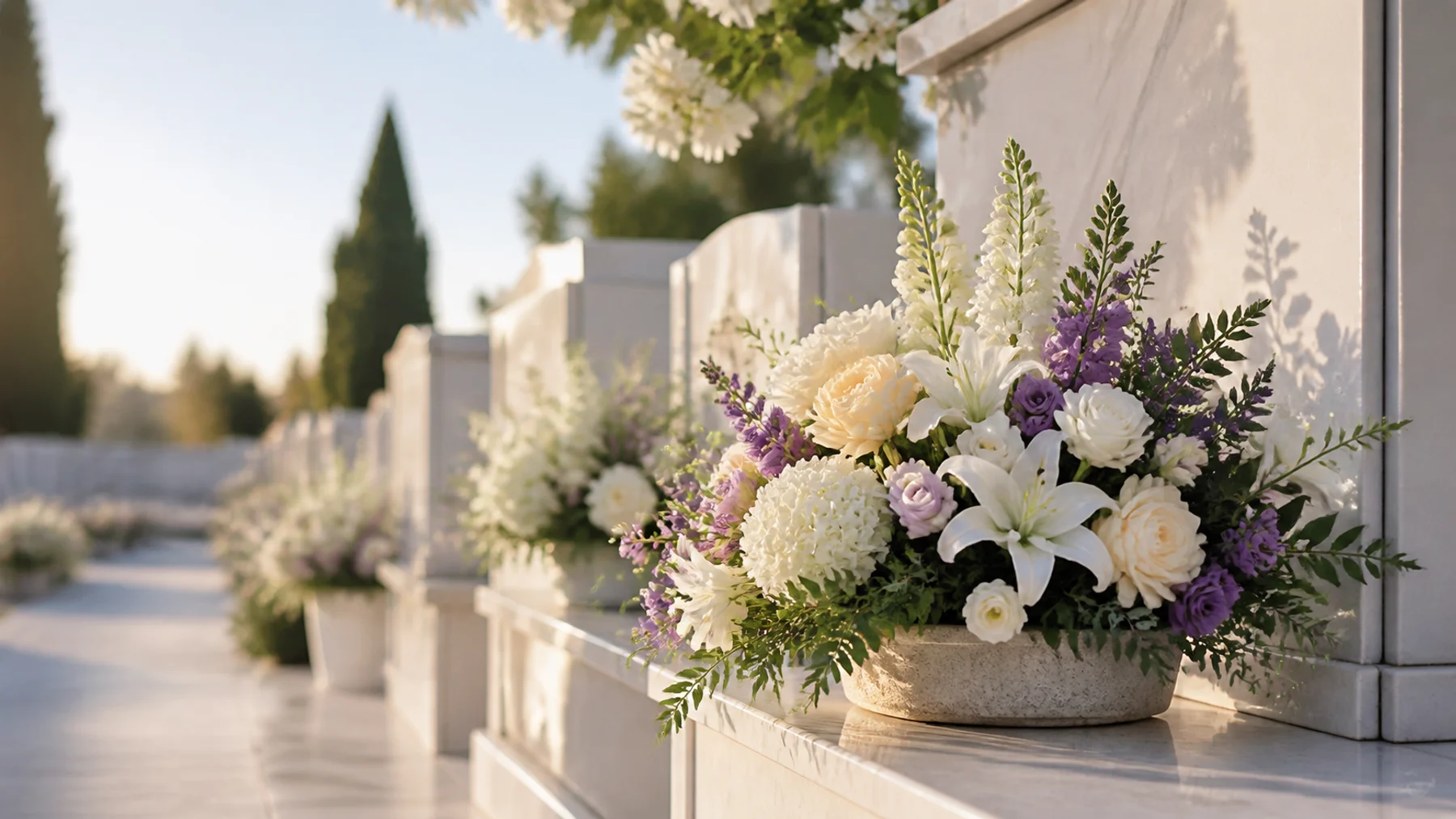 Ramo artificial blanco y morado en un cementerio luminoso con ambiente sereno